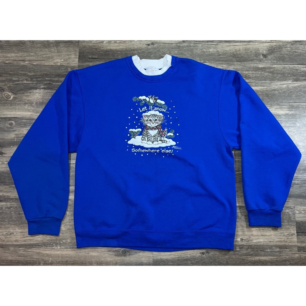 Vintage Style Cat Graphic "Let It Snow Somewhere Else" Funny Blue Crewneck Large
